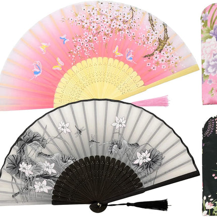 Leehome Small Folding Hand Fans for Women -Chinese Japanese 2Pcs Vintage Bamboo Silk Fans - for Dance, Music Festival, Wedding, Party, Decorations,Gift. (Grey & Purple Sakura Butterflies)