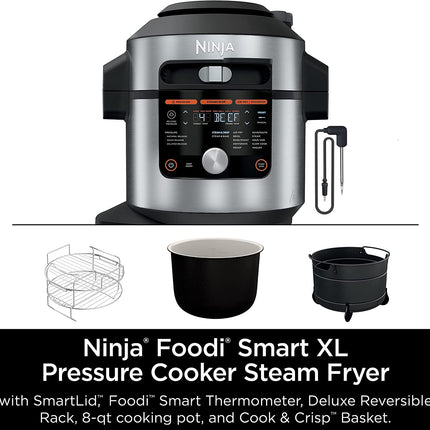 Ninja OL701 Foodi 14-In-1 SMART XL 8 Qt. Pressure Cooker Steam Fryer with Smartlid & Thermometer + Auto-Steam Release, That Air Fries, Proofs & More, 3-Layer Capacity, 5 Qt. Crisp Basket, Silver/Black