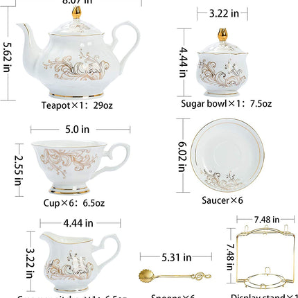 Daveinmic 22-Pieces Porcelain Bone China Tea Sets,Gold Rim Coffee Set with Golden Metal Rack,Cups,Saucers,Spoons,Teapot,Sugar Bowl,Creamer Pitcher,Tea Gift Sets for Home&Party(Gold Rim Phoenix Set)