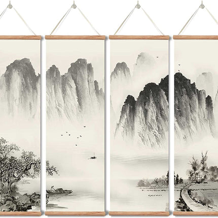Zhugege Landscape Painting ,Wall Art Black and White for Living Room Bedroom,Chinese Traditional Ink Decor,Posters and Prints,4 Piece Set Fixed Wooden Hanging Scroll (12”X36”X4Piece)