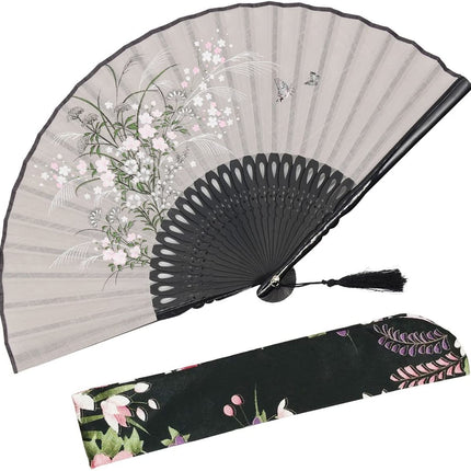 Omytea Folding Hand Fan for Women - Foldable Chinese Japanese Vintage Bamboo Silk Fan - for Hot Flash, Church, Decoration, EDM, Music Festival, Dance, Party, Performance, Gift (Gray Redbud)