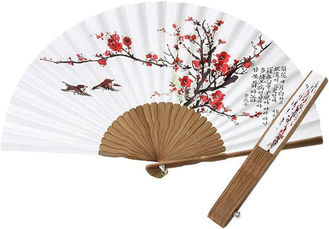 Korean Traditional Bamboo Hanji Hand Fan + Paper Gift Case Folding Collapsible Large (UME Flower)