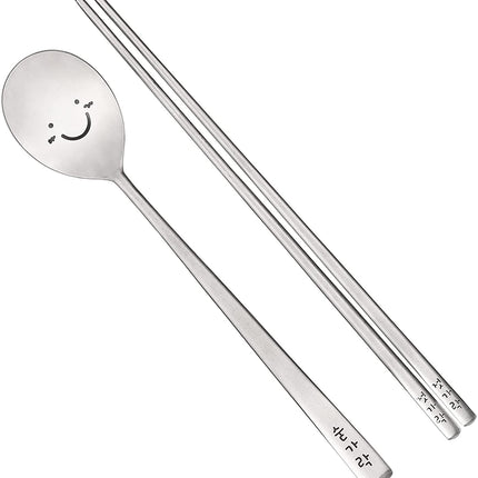 Korean Chopsticks and Spoon Set Combinations Reusable Long Handle Metal Stainless Steel Good for Gift Happy Face & Hangul Characters Engraved Silver