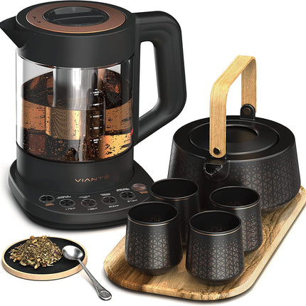 Vianté Luxury Tea Party Set. Complete with Automatic Tea Maker with Infuser for Loose Tea Bags. Ceramic Serving Set. Tea Pot/Cup Set and Wooden Tray. Excellent Gift for Tea Lovers.