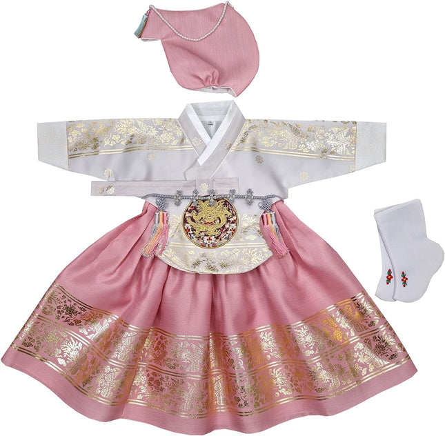 Girl Baby Hanbok First Birthday Party Celebration Hanbok Set Korean Traditional Costumes 100Th Days-8 Ages Gold Print Osg001