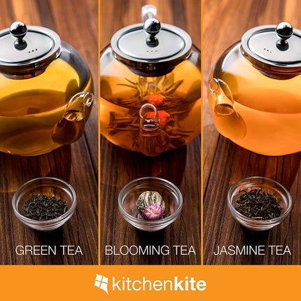 Kitchen Kite Glass Teapot Set with 4 Double Wall Teacups & Removable Stainless Steel Infuser - Microwave Dishwasher Safe Clear Blooming Loose Leaf Teas, Tea Maker Gift