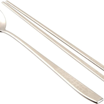 Korean Chopsticks Spoon 2 Set - METAL STAINLESS STEEL -Printed Hangul Characters (Hangul-Silver)