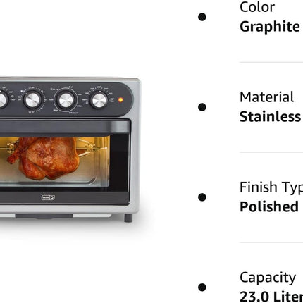 Dash Chef Series 7 in 1 Convection Toaster Oven Cooker, Rotisserie + Electric Air Fryer with Non-Stick Fry Basket, Baking Pan & Rack, Skewers, Drip Tray & Recipe Book, 23L, Graphite