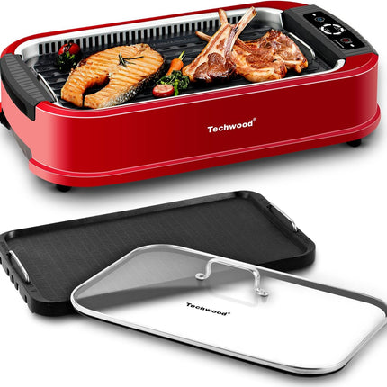 Indoor Smokeless Grill, Techwood 1500W Electric Indoor Grill with Tempered Glass Lid, Portable Non-Stick BBQ Korean Grill, Turbo Smoke Extractor Technology, Drip Tray& Double Removable Plate, Black