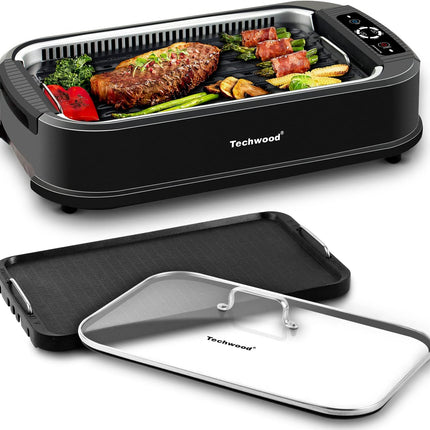 Indoor Smokeless Grill, Techwood 1500W Electric Indoor Grill with Tempered Glass Lid, Portable Non-Stick BBQ Korean Grill, Turbo Smoke Extractor Technology, Drip Tray& Double Removable Plate, Black