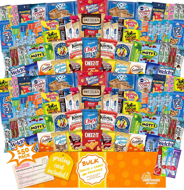 Snack Box Care Package (150) Variety Easter Snacks Candy Gift Box Bulk Snacks - College Students, Military, Work or Home - over 9 Pounds of Snacks! Snack Box Fathers Gift Basket Gifts for Men