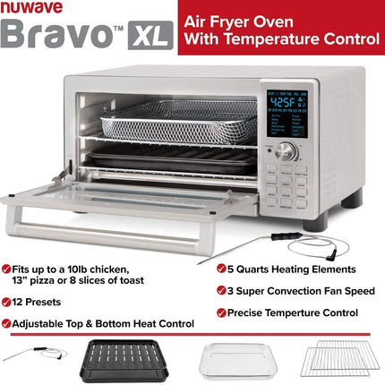 Nuwave Bravo Convection Toaster Ovens Air Fryer Combo with 30QT Large Capacity for a Whole Chicken and 13" Pizza. Multi-Layer Cooking, Probe Feature, 100+ Presets One-Touch Smart Control Countertop