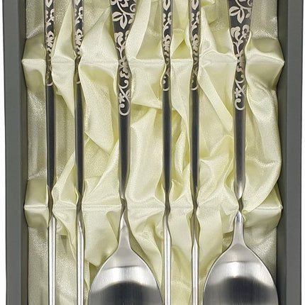 Korean Chopsticks Spoon 2 Set - METAL STAINLESS STEEL -Printed Hangul Characters (Hangul-Silver)