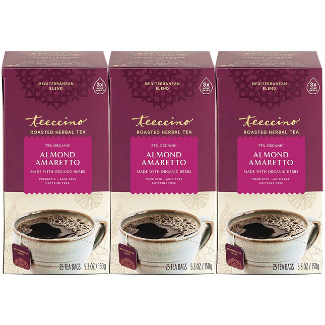 Teeccino Almond Amaretto Herbal Tea - Rich & Roasted Herbal Tea That'S Caffeine Free & Prebiotic for Natural Energy, 25 Tea Bags (3 Pack)