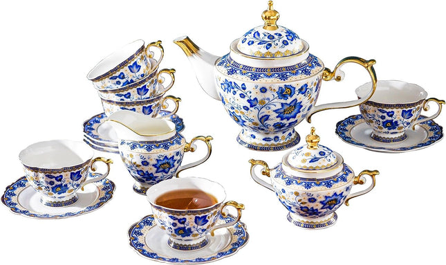 ACMLIFE Bone China Tea Set for 6 Adults, 21 Piece Blue and White Porcelain Tea Set, Vintage Floral Tea Sets for Women Tea Party or Gifts Giving