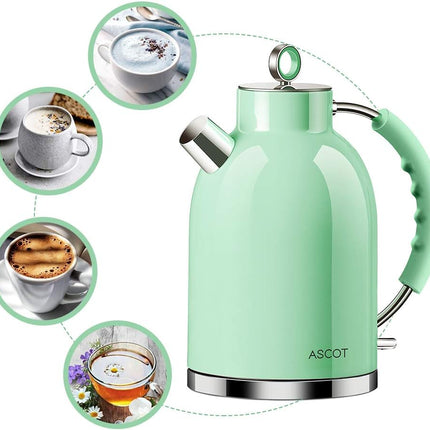 ASCOT Stainless Steel Electric Tea Kettle, 1.7QT, 1500W, Bpa-Free, Cordless, Automatic Shutoff, Fast Boiling Water Heater - Green