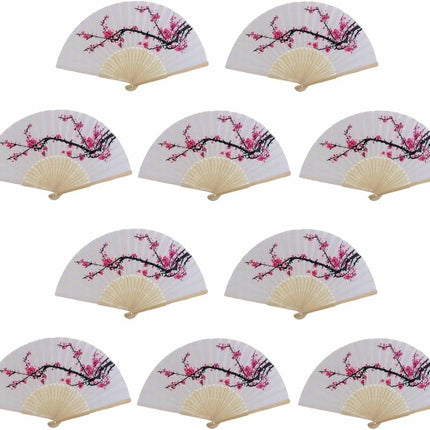 VANVENE 10 Pcs Delicate Cherry Blossom Design Silk Folding Hand Fan Wedding Favors Gifts Japanese Party