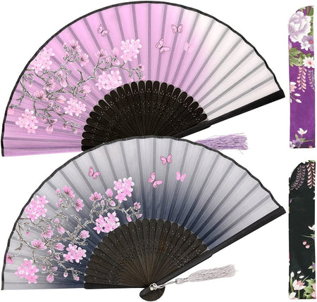Leehome Small Folding Hand Fans for Women -Chinese Japanese 2Pcs Vintage Bamboo Silk Fans - for Dance, Music Festival, Wedding, Party, Decorations,Gift. (Grey & Purple Sakura Butterflies)