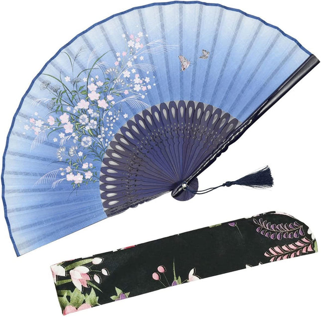 Omytea Folding Hand Fan for Women - Foldable Chinese Japanese Vintage Bamboo Silk Fan - for Hot Flash, Church, Decoration, EDM, Music Festival, Dance, Party, Performance, Gift (Gray Redbud)