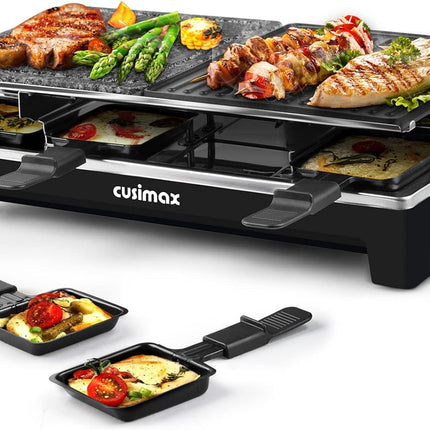 Indoor Grill, CUSIMAX Raclette Table Grill, 1500W Electric Grill Korean BBQ Grill with 2 in 1 Reversible Non-Stick Plate/Wooden Base, Party Grill with 8 Trays & Wooden Spatulas, New Model