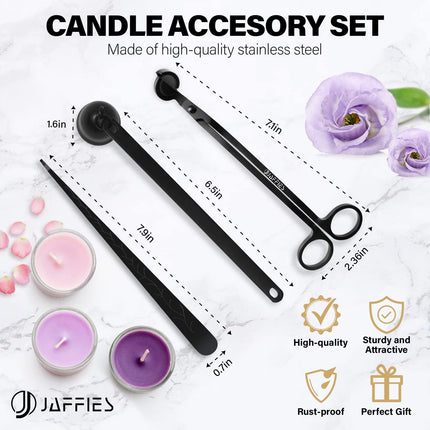 JAFFIES Candle Wick Trimmer, 3 in 1 Candle Accessory Set Used as Candle Care Kit Includes Candle Wick Dipper, Candle Snuffer and Candle Wick Cutter for Smoke-Free Flame to Gift a Candle Lover (Black)