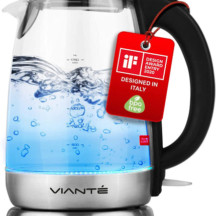 Vianté Electric Glass Tea Kettle with Removable Infuser. Hot Tea Infuser Pot for Loose Leaf & Bagged Tea. BPA-FREE. Stainless Steel & Borosilicate Glass. LED Illuminated. 1.7 Liters Capacity.
