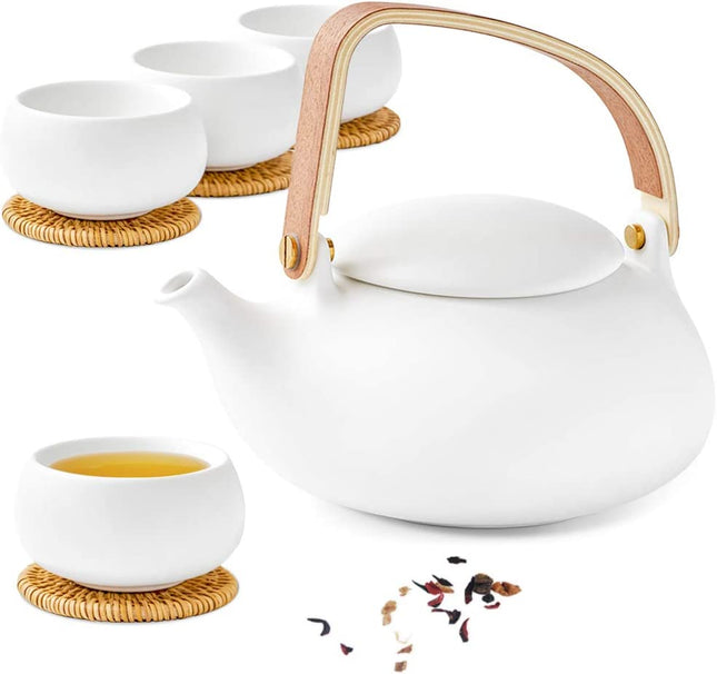 ZENS Ceramic Teapot with Infuser, Bentwood Handle Loose Leaf Japanese Tea Set, 27 Ounce Matte White Tea Pot with 4 Cups & Rattan Coasters for Women Gift