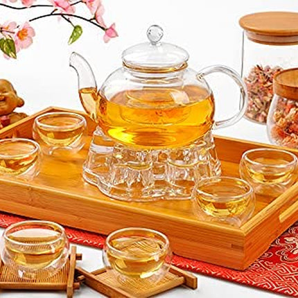 Jusalpha 11 Pc-Glass Filtering Tea Maker Teapot with a Warmer and 6 Tea Cups Set (Version 2, 27-Oz)