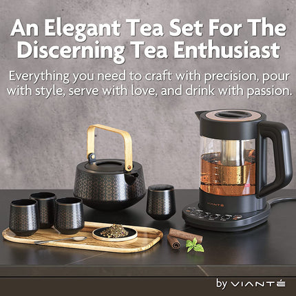 Vianté Luxury Tea Party Set. Complete with Automatic Tea Maker with Infuser for Loose Tea Bags. Ceramic Serving Set. Tea Pot/Cup Set and Wooden Tray. Excellent Gift for Tea Lovers.