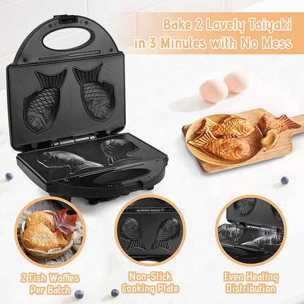 Finemade Taiyaki Fish Waffle Maker Machine with Non Stick Cooking Plate, Electric Japanese Fish Shaped Waffle Iron Pan, Korean Bungeoppang Pan, Recipe Included