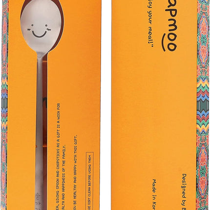 Korean Chopsticks and Spoon Set Combinations Reusable Long Handle Metal Stainless Steel Good for Gift Happy Face & Hangul Characters Engraved Silver