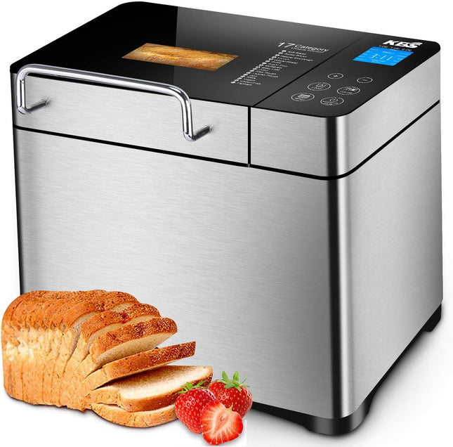 KBS Pro Stainless Steel Bread Machine, 2LB 17-In-1 Programmable XL Bread Maker with Fruit Nut Dispenser, Nonstick Ceramic Pan& Digital Touch Panel, 3 Loaf Sizes 3 Crust Colors, Reserve& Keep Warm Set
