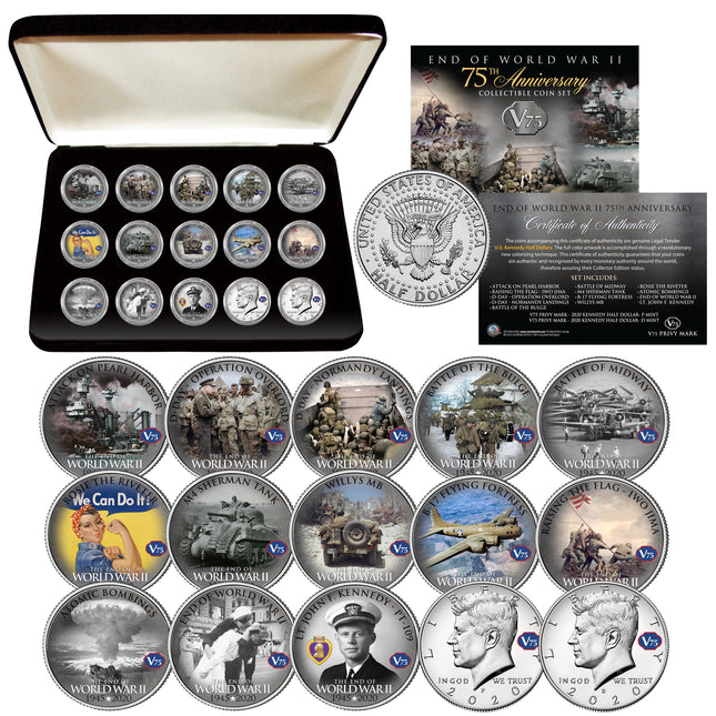 WWII End of War 75Th Anniversary 15 John F Kennedy Half Dollars in Deluxe Box- Fast, Free Shipping!
