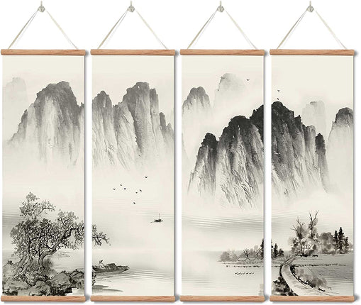 Zhugege Landscape Painting ,Wall Art Black and White for Living Room Bedroom,Chinese Traditional Ink Decor,Posters and Prints,4 Piece Set Fixed Wooden Hanging Scroll (12”X36”X4Piece)