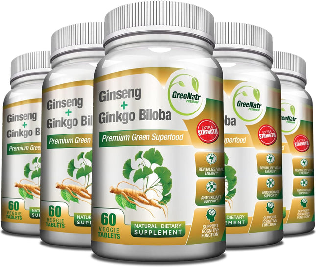 Panax Ginseng + Ginkgo Biloba Tablets – Premium Non-Gmo/Veggie Superfood – Traditional Energy Booster and Brain Sharpener – Unique Twin Supplement Combines Ginseng and Ginkgo Biloba (3 Pack)