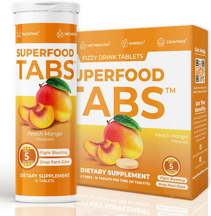 Skinnytabs Superfood Tabs Detox Cleanse Drink - Fizzy Nutrition Supplement for Women and Men - Support Healthy Weight - Improve Digestive Health and Bloating Relief - Peach Mango Flavor [30 Tablets]