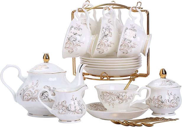 Daveinmic 22-Pieces Porcelain Bone China Tea Sets,Gold Rim Coffee Set with Golden Metal Rack,Cups,Saucers,Spoons,Teapot,Sugar Bowl,Creamer Pitcher,Tea Gift Sets for Home&Party(Gold Rim Phoenix Set)