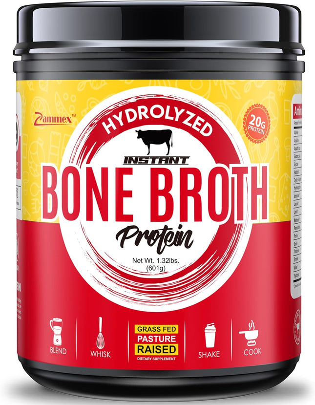 Zammex Pure Grass Fed Beef Bone Broth Protein Powder,20G Protein, Hydrolyzed Collagen Supplement for Healthy Skin,Nails,Hair,Joints, Non-Gmo,Gluten Free,Paleo & Keto Friendly, Great in Soup