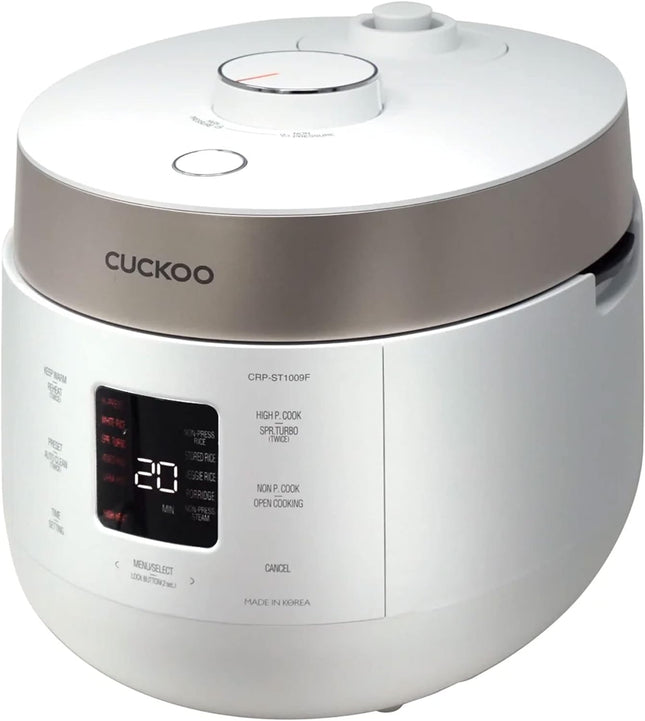 CUCKOO HP Twin Pressure Rice Cooker 16 Menu Options: White, GABA, Veggie, Porridge, & More, Fuzzy Logic Tech, Energy Saving, 10 Cups / 2.5 Qts. (Uncooked) CRP-ST1009F Gray, Stainless Steel Feature