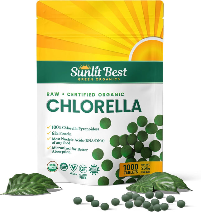 Sunlit Best USDA Organic Premium Chlorella Tablets 1000 Tabs | 100% Pure Chlorella Superfood Supplement High in Protein, Chlorophyll, Vitamins, & Minerals | Supports Good Health, Wellbeing